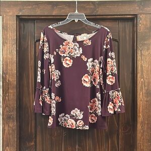 Nine Britton Maroon, Gray and Pink Bell Sleeve Blouse with Ruffled Style